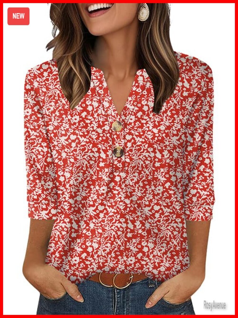 Womens 3/4 Sleeve V-Neck Henley Button Down Blouse Loose Fit Office Top